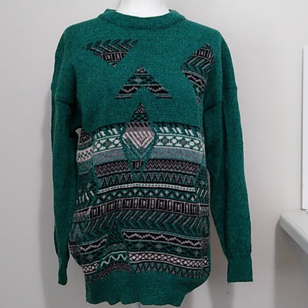 Shetland Fair Isle Wool Blend Sweater Green Large